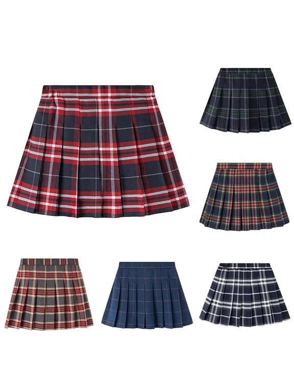 Girls Plaid Woven Pleated Skirt Side Elastic High Waist Even Box Press Pleats Flared Mini Swing Hem Wear Resistant Casual Back to School Daily Uniform Skirt
