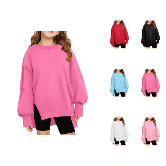 Girls Plain Sweatshirts 2025 Long Sleeve Crewneck Oversized Side Slit Basic Sweatshirt Kids Pullover Tops