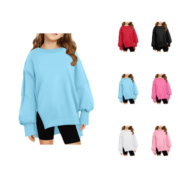 Girls Plain Sweatshirts 2025 Long Sleeve Crewneck Oversized Side Slit Basic Sweatshirt Kids Pullover Tops