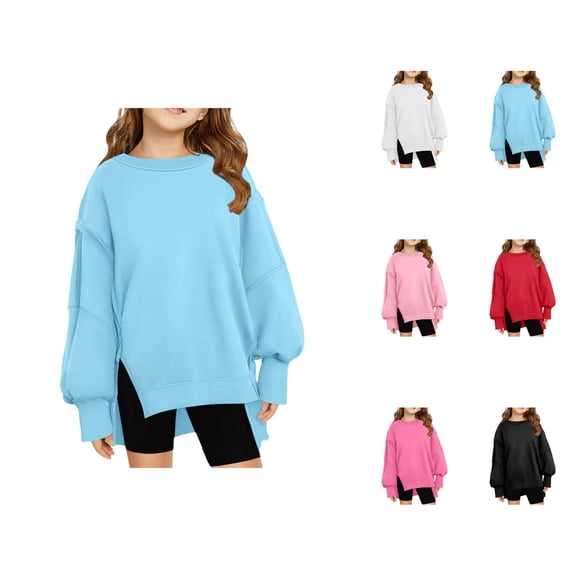 Girls Plain Sweatshirts Crewneck Long Sleeve Oversized Side Slit Basic Sweatshirt Kids Pullover Tops
