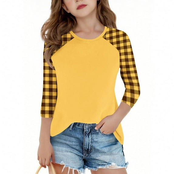 Girls Plain Tops Cotton Long Sleeve Basic Stretch Round Neck T-Shirt School Tee Top Yellow 9-10 Years