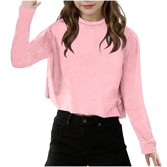 Girls Plain Tops Long Sleeve Basic Stretch Round Neck T-Shirt School Tee Cropped Top Winter Warm Pullover Fleece Crop Top Kids Sweatshirt