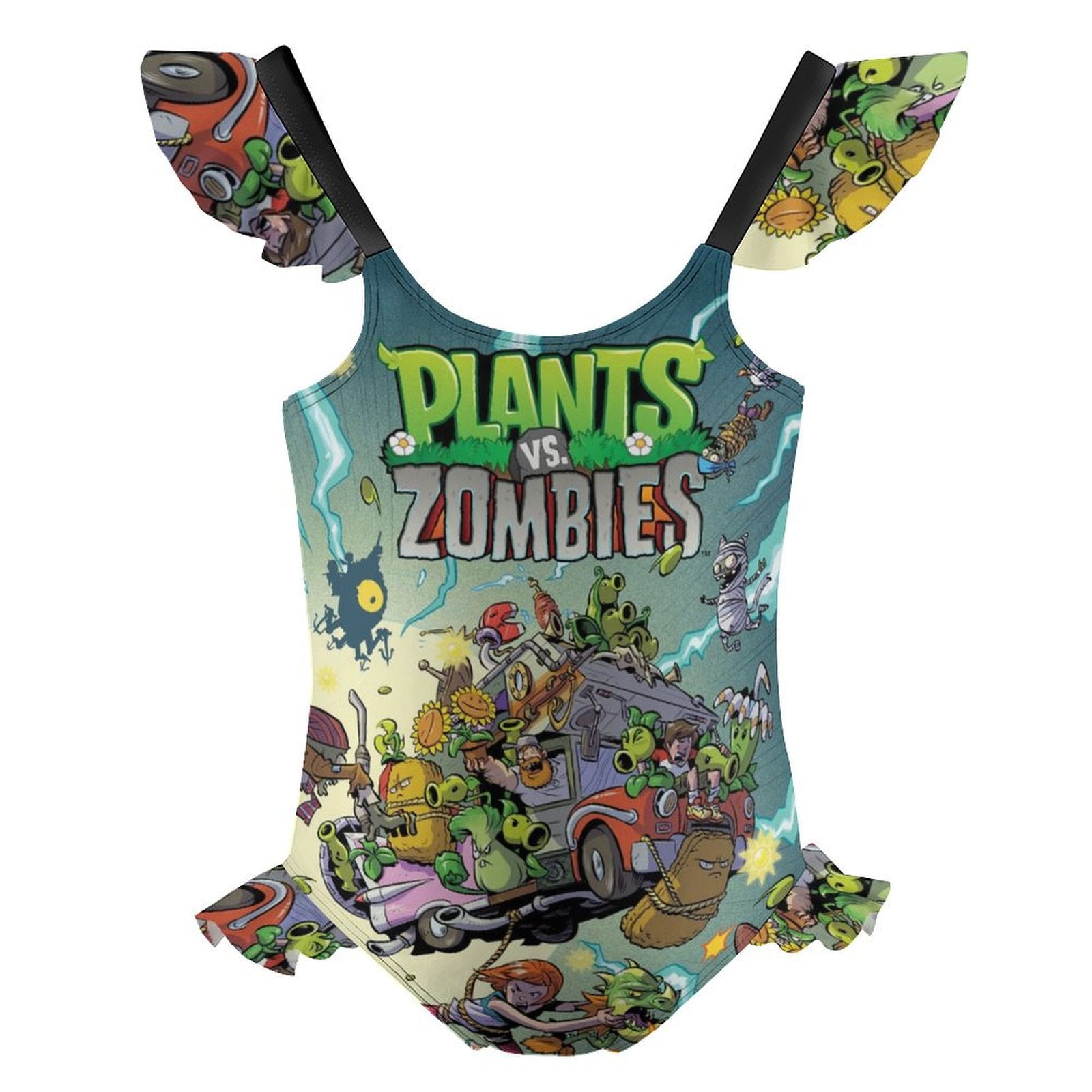 Girls Plants Vs Zombies One Piece Swimsuit Kids Cute Ruffle Bathing ...