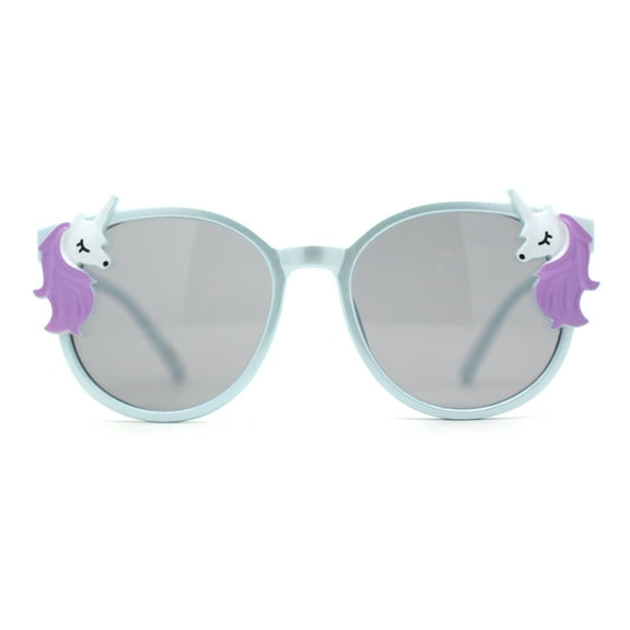 Girls Plastic Unicorn Charm Thin Plastic Round Horn Rim Sunglasses Blue