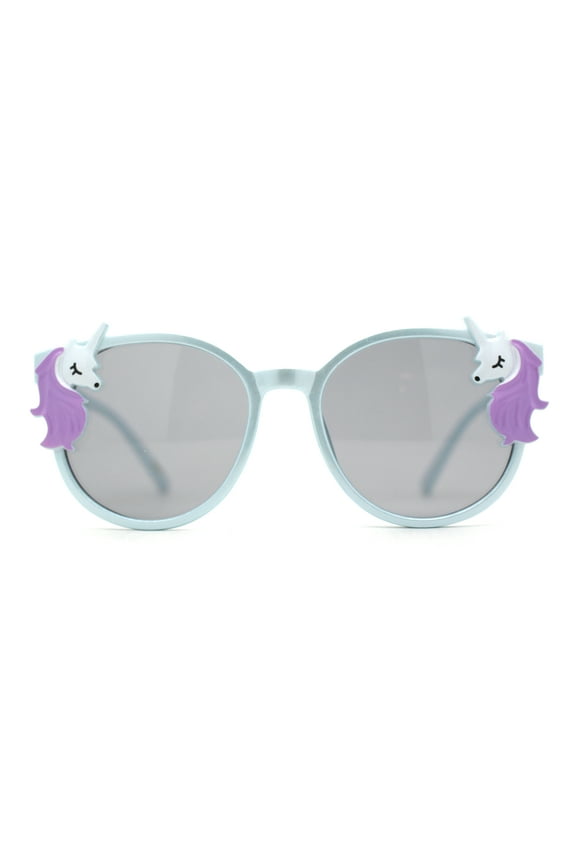 Girls Plastic Unicorn Charm Thin Plastic Round Horn Rim Sunglasses Blue