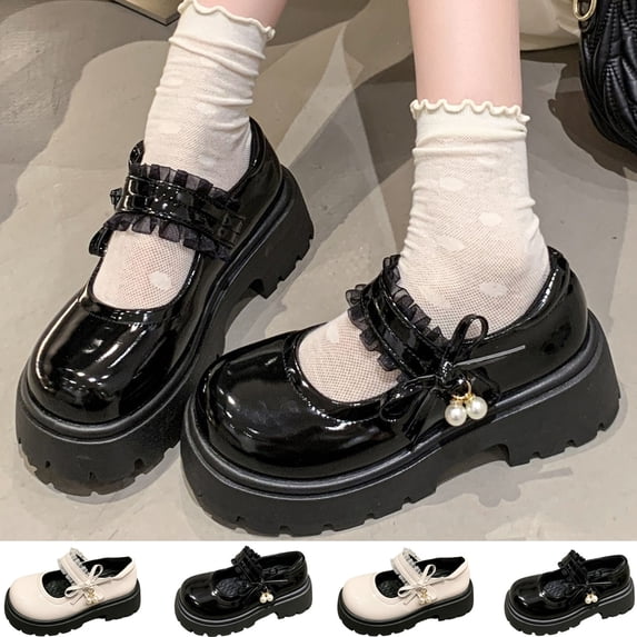 Girls Platform Mary Jane Shoes, Lace Ruffle Bow Pearl Patent Leather Shoes, Non Slip Chunky Heel Dress Shoes Black 36