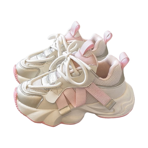 Girls Platform Sneakers Fashion Strappy Splice Leather Mesh Tennis Shoes Soft Sole Chunky Athletic Running Shoes Pink 1 Big Kid