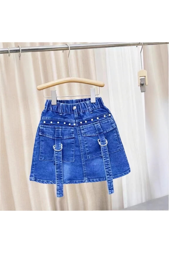 Girls Pleated Ballets Skirt Girls Cargo Jean Skirts Elastic Waisted Blue Denim Mini Skirt Blue 6-7Y