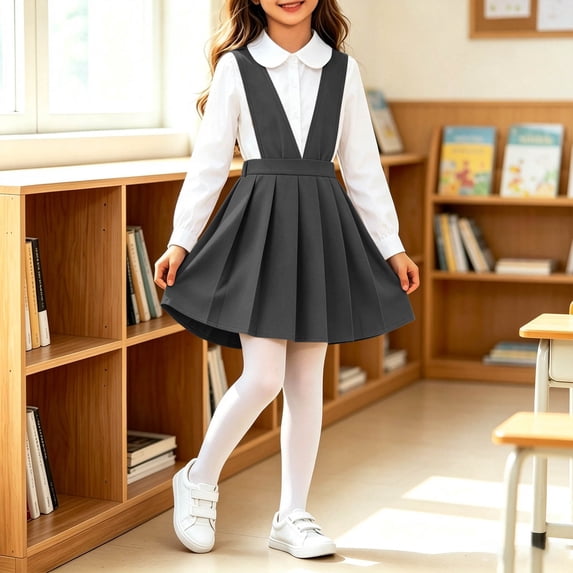Girls Pleated Overall Dress V-Neck Casual Uniform Mini Jumper Dress Little Girls Classic Comfy A-Line Outfits for Back to School Gray 5-6 Years