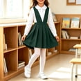 thumbnail image 1 of Girls Pleated Overall Dress V-Neck Casual Uniform Mini Jumper Dress Little Girls Classic Comfy A-Line Outfits for Back to School Green 7-8 Years, 1 of 7