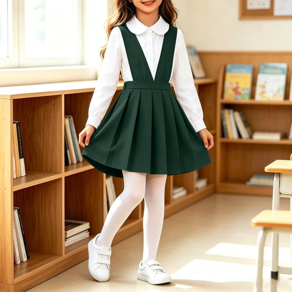 Girls Pleated Overall Dress V-Neck Casual Uniform Mini Jumper Dress Little Girls Classic Comfy A-Line Outfits for Back to School Green 7-8 Years