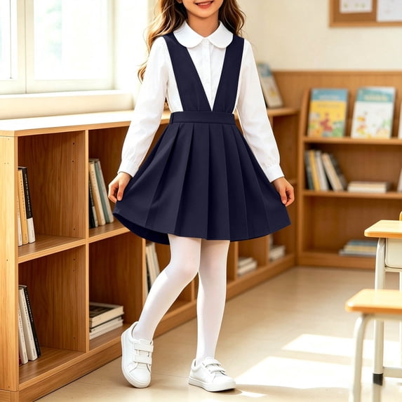 Girls Pleated Overall Dress V-Neck Casual Uniform Mini Jumper Dress Little Girls Classic Comfy A-Line Outfits for Back to School Navy 2-3 Years
