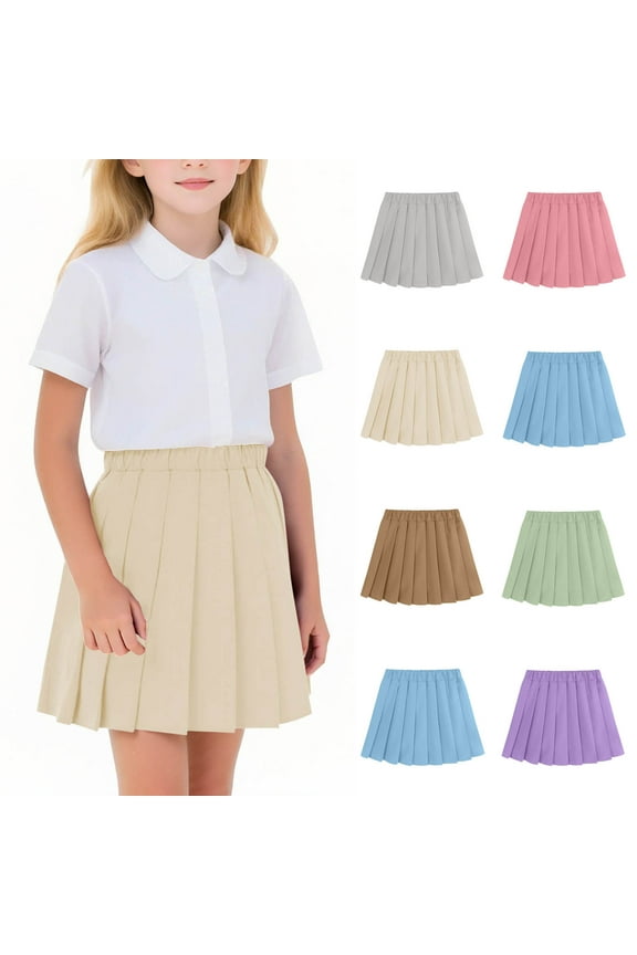 Girls' Pleated Skirt College Style Skort Elastic Waist Solid Color School Uniform Skirt for Girls 2-17Y