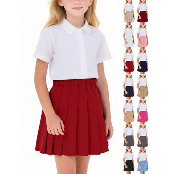 Girls Pleated Skirt,Sizes 2-17 Elastic Waist Cotton Comfortable Versatile School Uniform Skirt Red