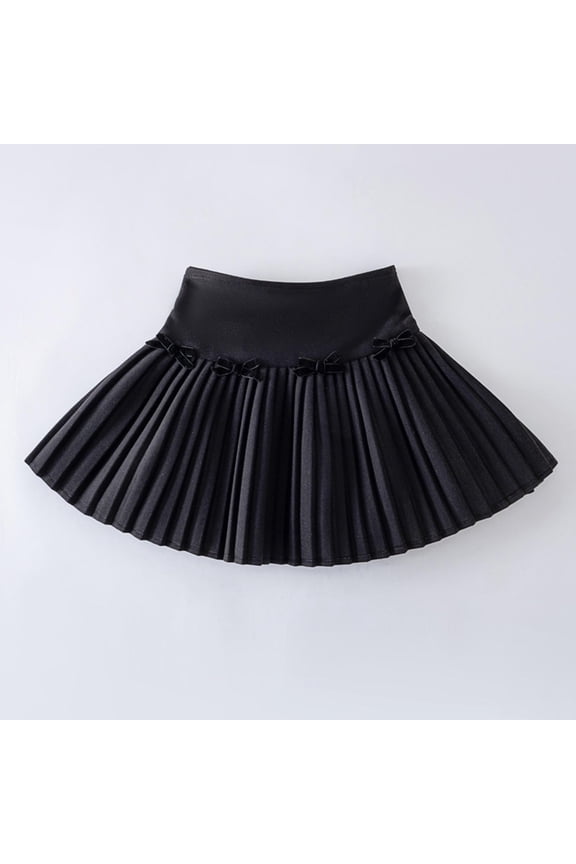 Girls Pleated Skirt for School Uniform, Black Wool Blend High Waisted Elastic Skirt with Bow for Dance Class,Size 3-4 T