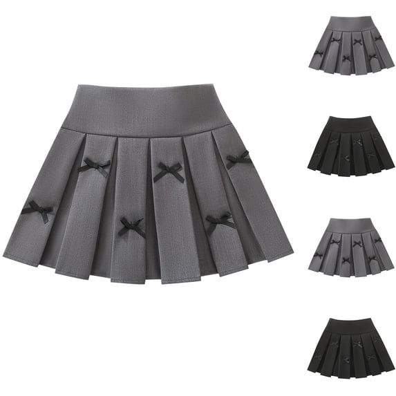 Girls Pleated Skirt with Shorts, Bow Decor School Uniform A-Line Skirts - Elastic Waist Versatile Casual Skorts,8-9 Years