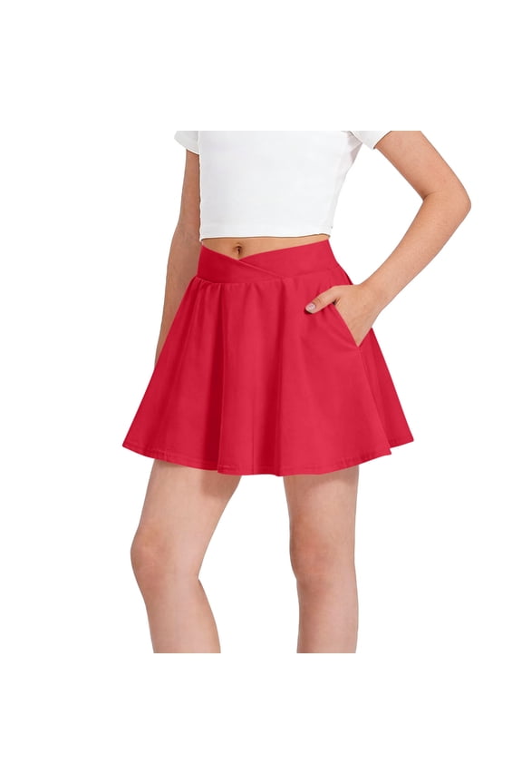 Girls Pleated Skirts Skater Skirt Girls Stretchy Casual Mini Flared Cheer Sporty Tennis Golf Skirts with Pockets Red 5-6Y