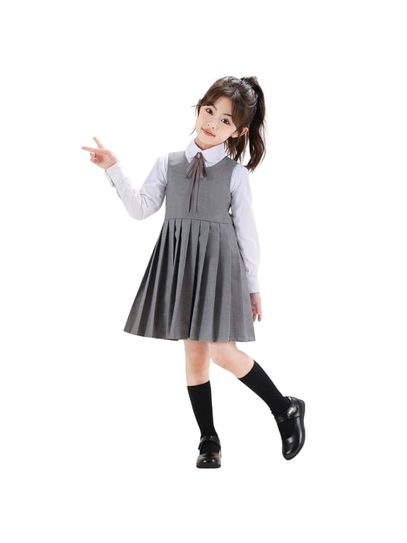 Girls' Pleated Sleeveless Preppy Dresses Lightweight Crew Neck A-Line Pleated Jumper Dress with Back Zipper Gray