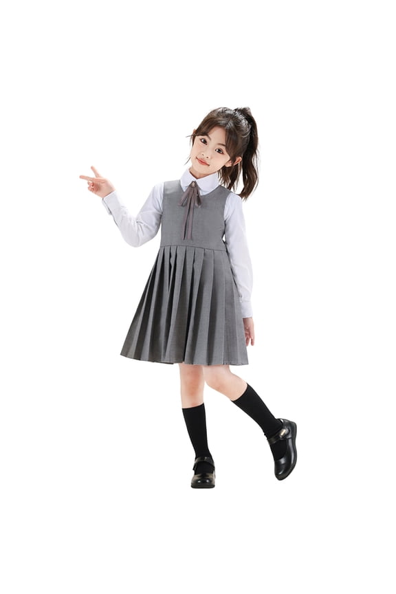 Girls' Pleated Sleeveless Preppy Dresses Lightweight Crew Neck A-Line Pleated Jumper Dress with Back Zipper Gray