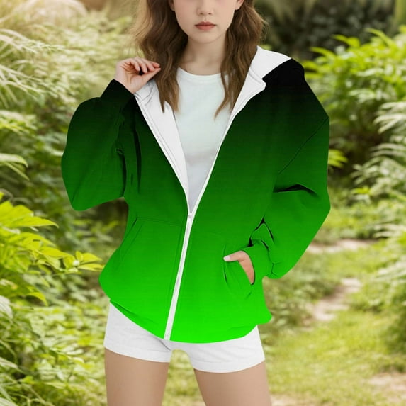 Girls Plus Size Blouses New Teen Girls Zip up Hoodies Fleece Lined Thermal Jacket Casual Long Sleeve Hooded Sweatshirts Fall Gradient Coat Green 12-13 Years