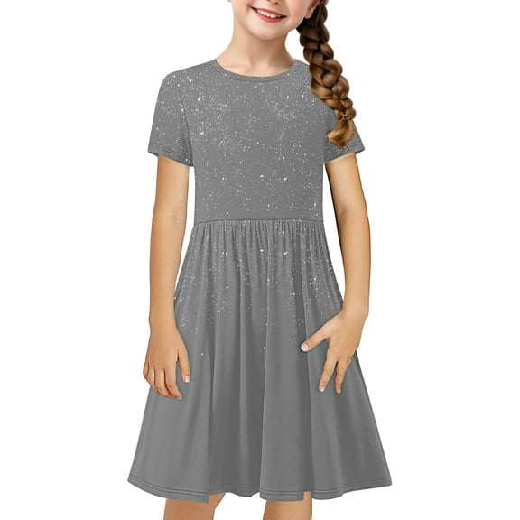 Girls Plus Size Party Dress Girls Short Sleeve Midi Dress Solid Color Loose Fitting and Flare Party Dress a Line Skater Sundress Princess Dress for Girls Gray 5Y