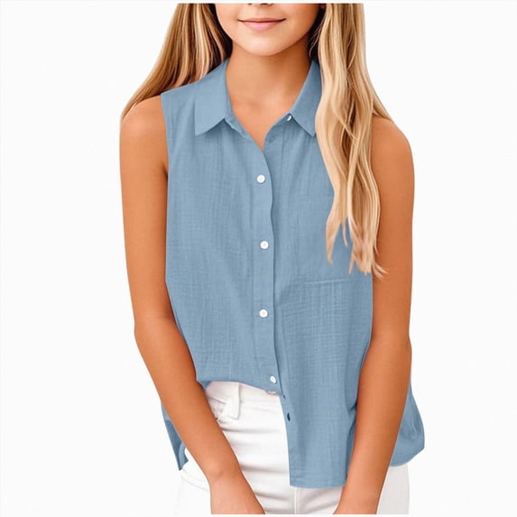 Girls Plus Size Shirts V Neck Button Down Sleeveless Casual Top for Daily Wear Blue 11-12 Years