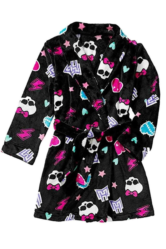 Girls Plush Black Monster High Bath Robe Skull & Heart Housecoat XS (4-5)