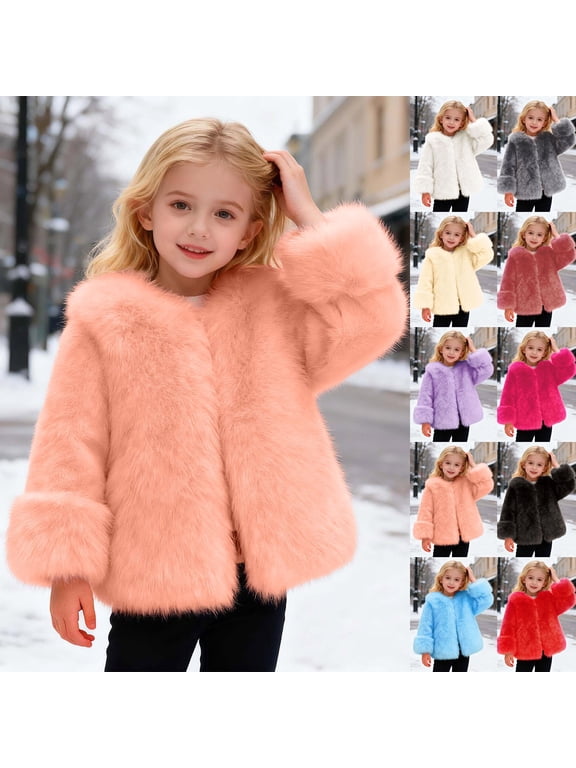 Girls Plush Faux Fur Coat Open Front Fluffy Long Sleeve Warm Outerwear Jacket 3-4 Years Kids Fall Winter Coats