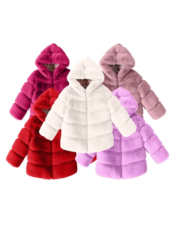 Girls Plush Faux Fur Jacket Hooded Zip Up Short Warm Winter Coat 1-2 Years Outerwear Streetwear