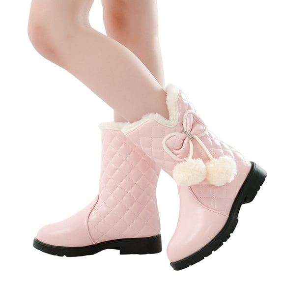 Girls Plush Mid Calf Snow Boots Waterproof Wide Calf Winter Boots Cute Bow Fleece Lined Knee Length Riding Booties Red Size 3 Big Kids