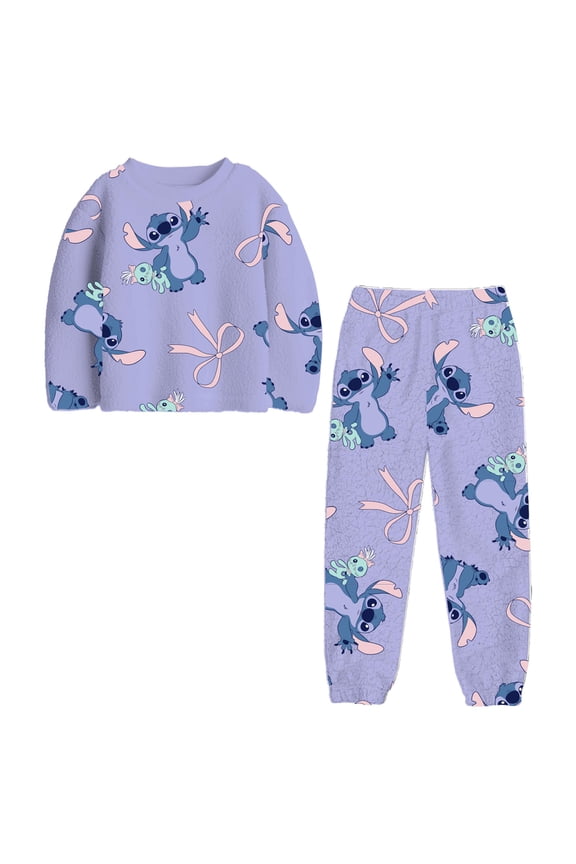 Girls' Plush Stitch with Bows Print 2-Piece Lounge Set, Purple Fleece Pullover Top and Lounge Sleep Pants