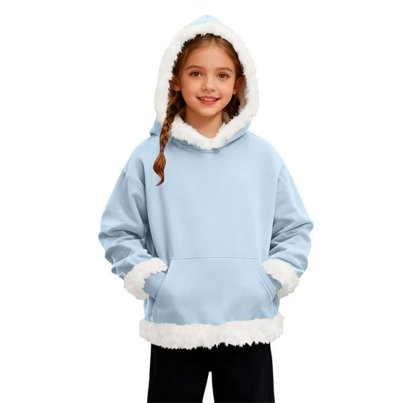 Girls Plush Sweatshirts Faux Fur Collar Hooded Fuzzy Pullover Tops Casual Loose Stylish Hoodies With Pocket (11-12Years, Light Blue)