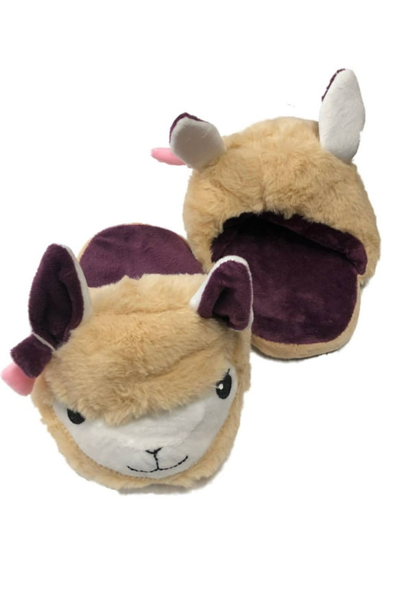 Girls Plush Tan & Purple Llama Slippers Scuffs House Shoes Slides Large (4-5)