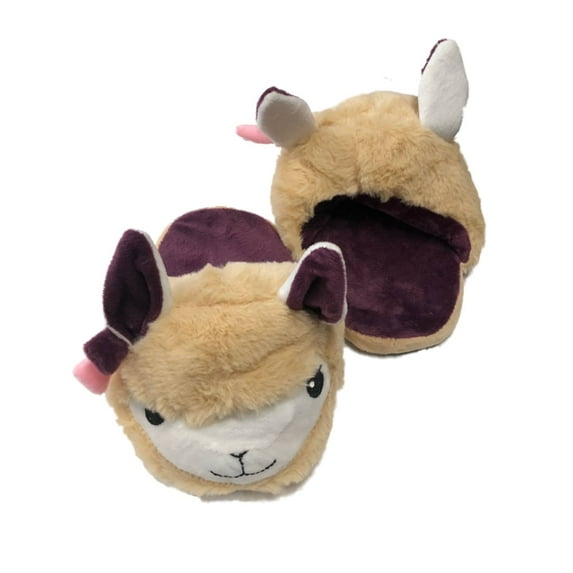 Girls Plush Tan & Purple Llama Slippers Scuffs House Shoes Slides Small (13-1)