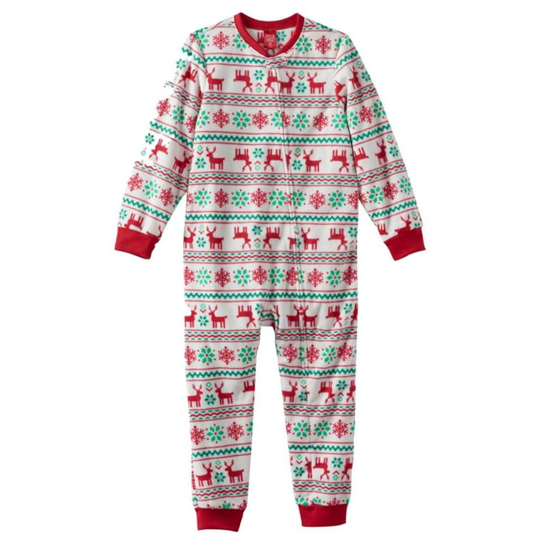 Girls Plush White Nordic Reindeer Print Sleeper Union Suit Holiday Pajama 5 6
