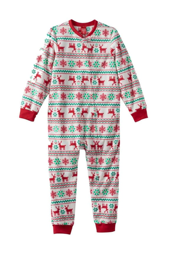Girls Plush White Nordic Reindeer Print Sleeper Union Suit Holiday Pajama 5-6