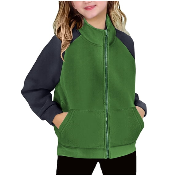 Girls Polar Fleece Jacket Casual Zip Up Sherpa Overcoat Color Block Fuzzy Coat Fall Winter Lightweight Outerwear 2-13 Years