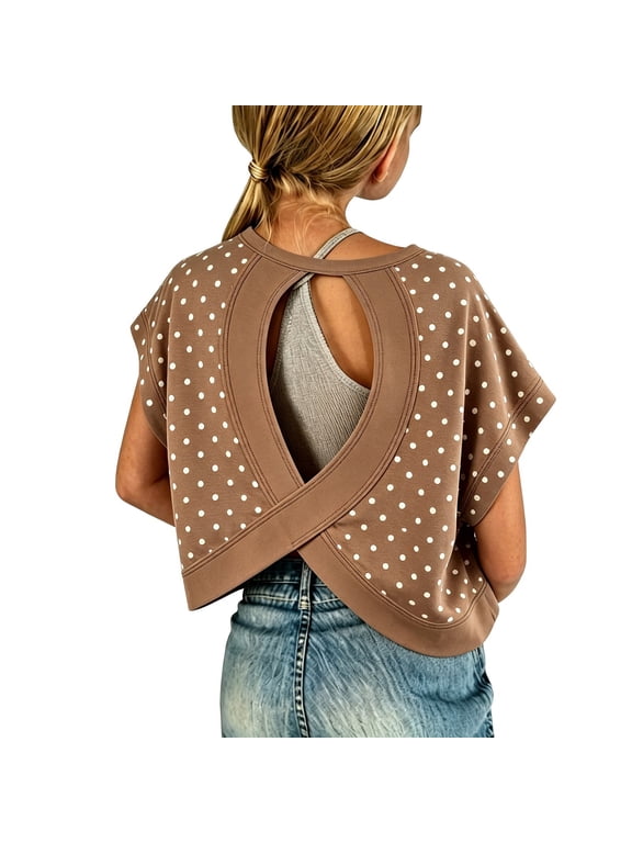 Girls Polka Dot Back Cross Cutout Cropped Batwing Short Sleeve T Shirt Contrast Stitch Top For Teen Girls Daily Casual Wear