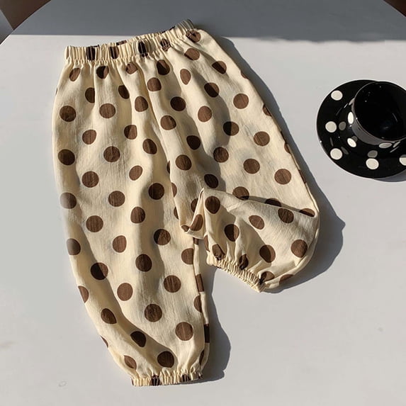 Girls Polka Dot Pants Kids Elastic Waist Loose Fit Casual Pull On Pants Beige,Size 8 T