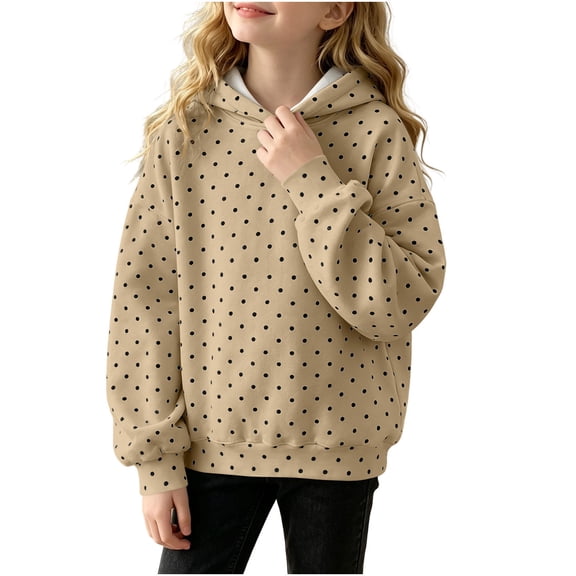 Girls' Polka‑Dot Print Pullover Hoodie, Long Sleeve Oversized Kids Hooded Sweatshirt, Casual Loose‑Fit for School Wear, Playdates Chilly‑Day Activities Beige 170