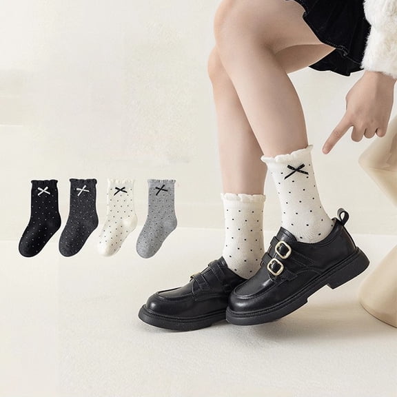 Girls' Polka Dot Ruffled Ankle Socks 4-Pack, 100% Cotton Multicolor Socks with Bow for Kids Little Big Kids,Size 5-8 T