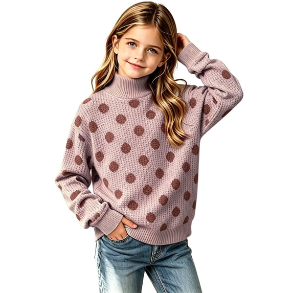 Girls Polka Dot Turtleneck Sweater Long Sleeve Pullover Tops Loose Fit Kids Casual Fall Winter Daily Knit Outfits