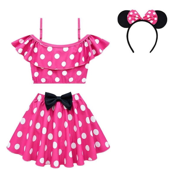Girls Polka Dot Two Piece Swimsuit With Headband Off Shoulder Role Play Swimwear 2-8T
