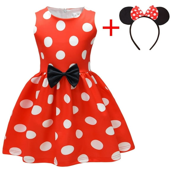 Girls Polka Dots Fancy Dress Up with Mouse Ears Headband Halloween Costume, Red Size 3-4T