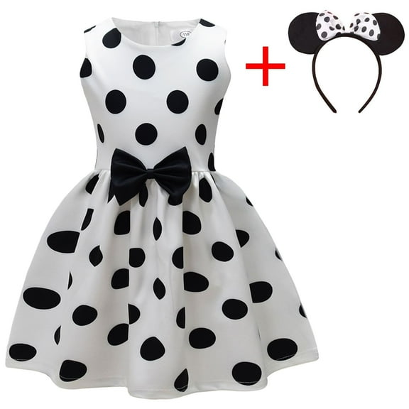 Girls Polka Dots Fancy Dress Up with Mouse Ears Headband Halloween Costume, White Size 5-6Y