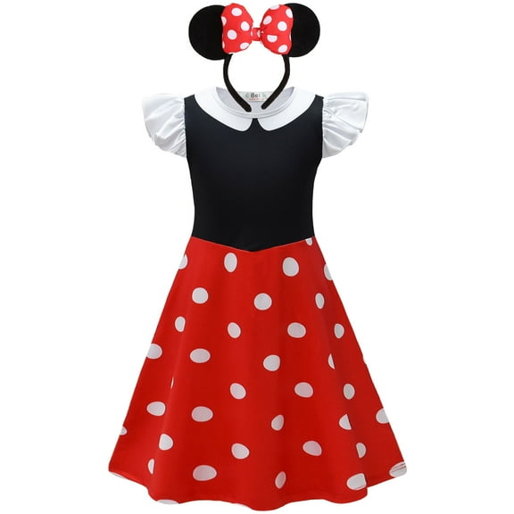 Girls' Polka Dots Halloween Fancy Dress with Headband Mini Mouse Costume for 3-9 Year