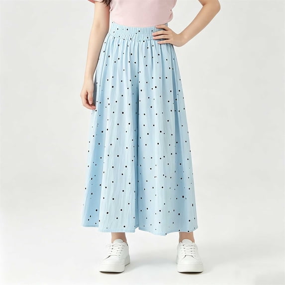 Girls Polka Flowy Pants, Elastic Smocked Waist Lightweight Loose Culottes Cropped Trousers Summer Daily Wear Blue Lightweight Kids Pants 14-15Y