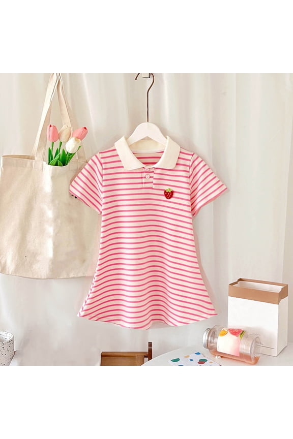 Girls Polo Dress Short Sleeve Pink Striped with Strawberry Embroidery A-Line Summer Play Dress for Kids Kids 2-10 Years,Size 2-3 T