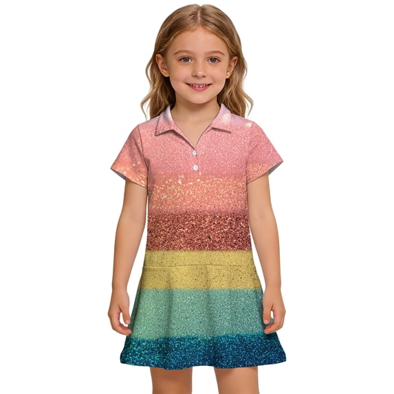 Girls Polo Dress with Pockets, Short Sleeve Collared Stretchy Ruffled Placket School Uniform Shirt Dress