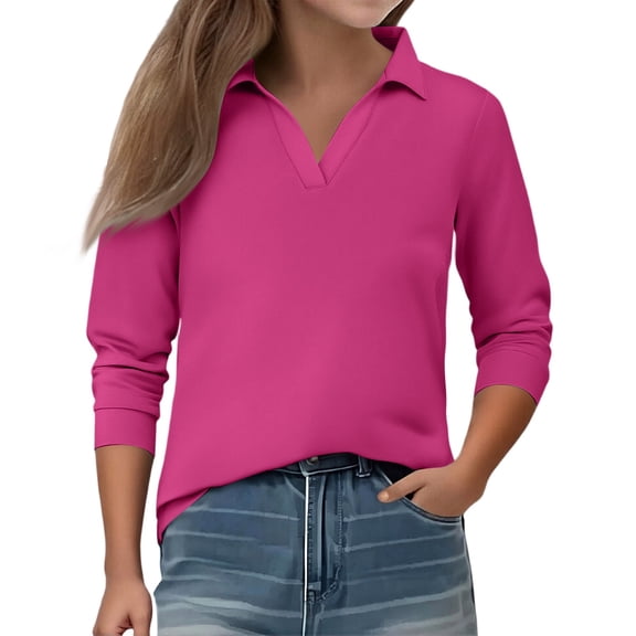 Girls Polo Shirt, Classic Collared Long Sleeve Knit Top, Smart-Casual Shirt for School, Soccer Practice, Family Gatherings, and Weekend Wear,Hot Pink,130